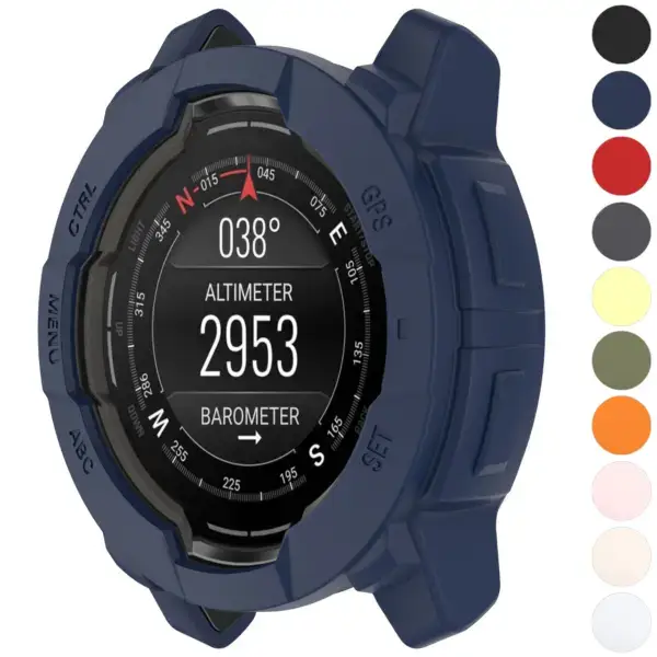 Flex Case for Garmin Instinct 3 in navy blue, designed for Garmin Instinct and Instinct 3 models. Available in sizes L, M, S, with multiple color options