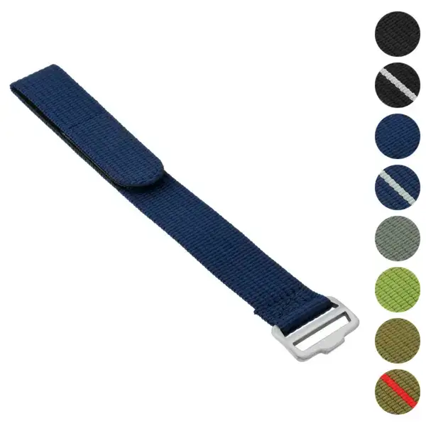 One-Piece Field Strap made of durable nylon, available in 20mm and 22mm sizes. Features a secure metal buckle and comes in various colors for versatile use