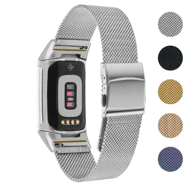 Pro Mesh Strap for Fitbit Charge 6 in metal, available in sizes S, M, L. Features a sleek design and compatibility with the Fitbit Charge 6 for a stylish upgrade