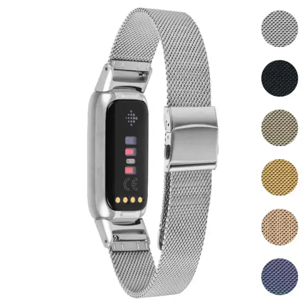 Pro Mesh Strap for Fitbit Luxe in metal, available in sizes L, M, and S. Features a sleek design and comes in various colors for a stylish look