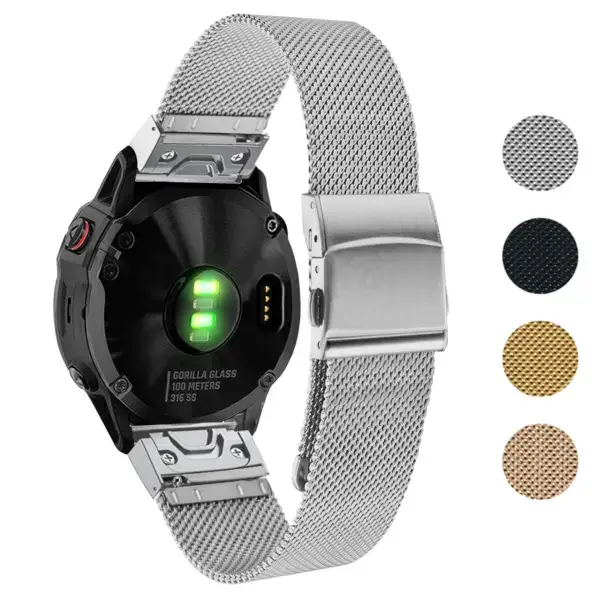 Pro Mesh Strap for Garmin QuickFit 20 devices, made of durable mesh. Available in sizes L, M, and S. Features a sleek design and comes in multiple colors