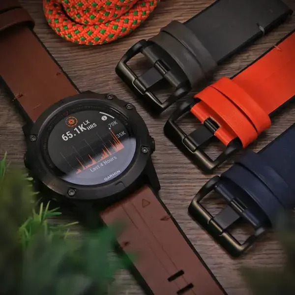 g.r65a Flatlay2 StrapsCo Leather Hybrid Strap QuickFit 26 Watch Band for Garmin Watch