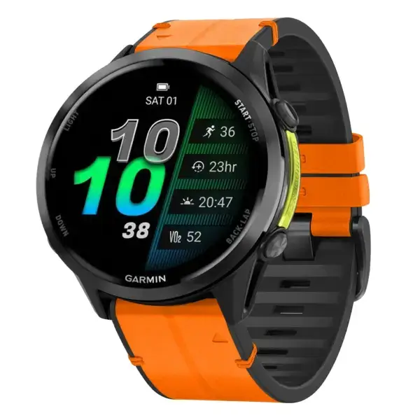 f970.g.r73a.12 Main Tangerine StrapsCo Leather Hybrid Strap QuickFit 22 Watch Band for Garmin Forerunner 970