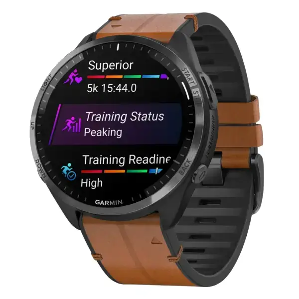 f965.g.r73a.2a Main Coffee StrapsCo Leather Hybrid Strap QuickFit 22 Watch Band for Garmin Forerunner 965