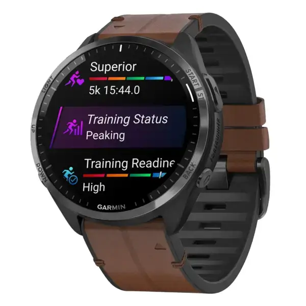 f965.g.r73a.2 Main Cigar StrapsCo Leather Hybrid Strap QuickFit 22 Watch Band for Garmin Forerunner 965