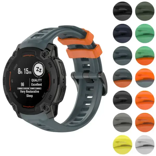 PrecisionFit Strap for Garmin Instinct E (45mm) displayed on a Garmin watch, showcasing various color options including gray, orange, and green. Compatible with Garmin Instinct models
