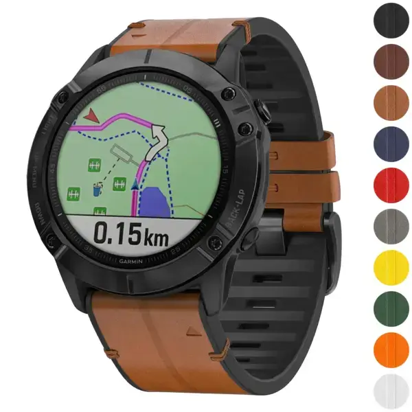 Leather Hybrid Strap for Garmin QuickFit 22 Watches in brown, showcasing its sleek design and durability. Available in sizes L, M, and S. Perfect for style and function