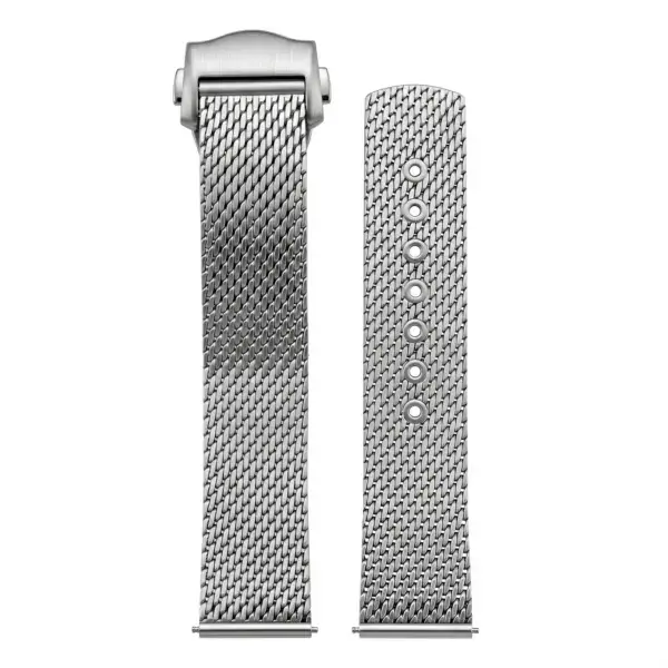 Silver mesh bracelet with deployant clasp designed for Omega Seamaster watches. Features a sleek metal finish and measures 20mm in width for a secure fit