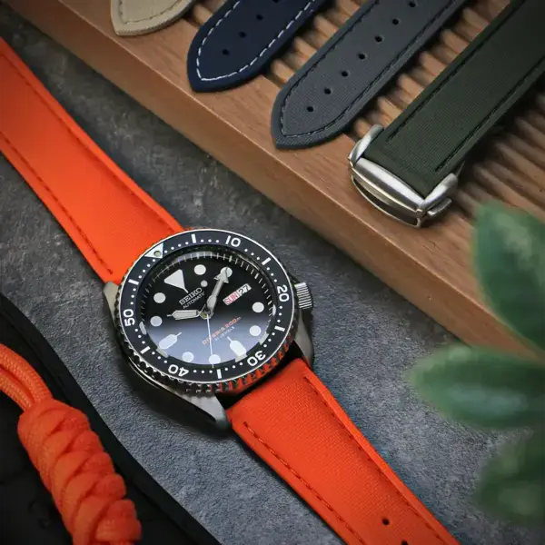 kd9 Flatlay Dassari Sailcloth FKM Hybrid Watch Band Strap with Deployant Clasp 18mm 19mm 20mm 21mm 22mm 23mm 24mm