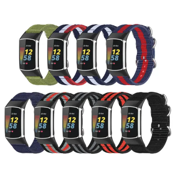 A collection of colorful nylon military straps designed for the Fitbit Charge 6, showcasing various patterns and styles for a customizable look