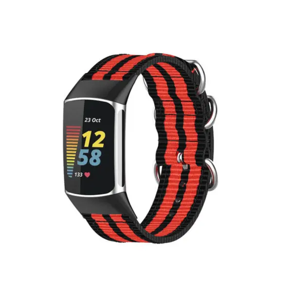 Military Strap for Fitbit Charge 6 made of durable nylon, featuring a bold red and black striped design, perfect for a stylish and secure fit during workouts