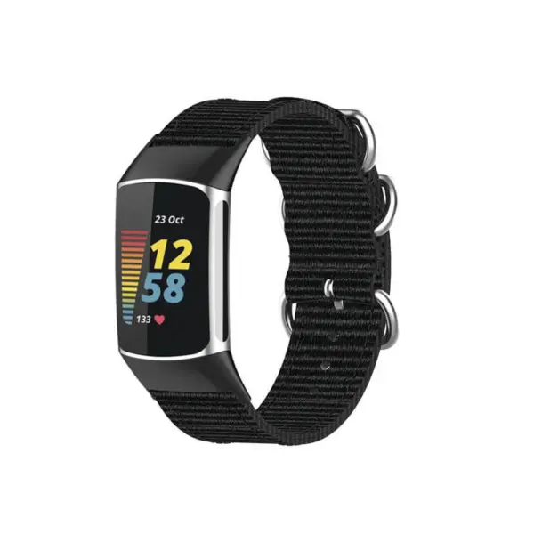 Military strap for Fitbit Charge 6 made of durable nylon, featuring a sleek black design and secure metal loops for a stylish and functional look