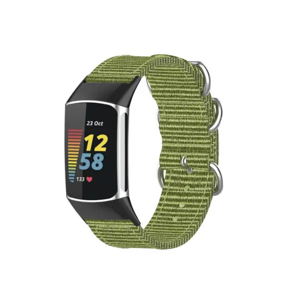 Military Strap for Fitbit Charge 6 in green nylon, featuring a durable design and secure fit, ideal for active lifestyles and outdoor adventures