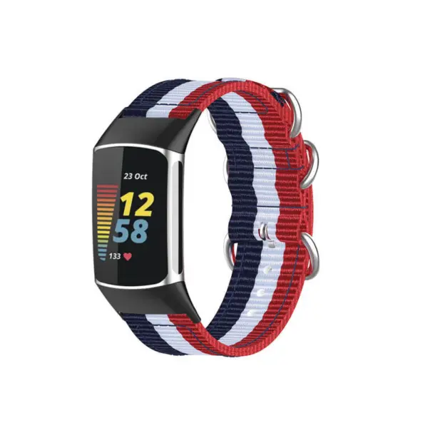 Military Strap for Fitbit Charge 6 in red, white, and blue nylon. Features a durable design with a secure fit, perfect for active lifestyles and stylish wear