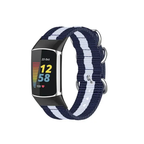 Military Strap for Fitbit Charge 6 made of durable nylon, featuring a stylish design with navy and white stripes, perfect for both fitness and casual wear