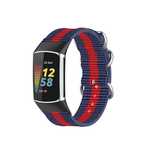 Military Strap for Fitbit Charge 6 made of durable nylon, featuring a stylish blue and red design. Perfect for enhancing your fitness tracker’s look and comfort