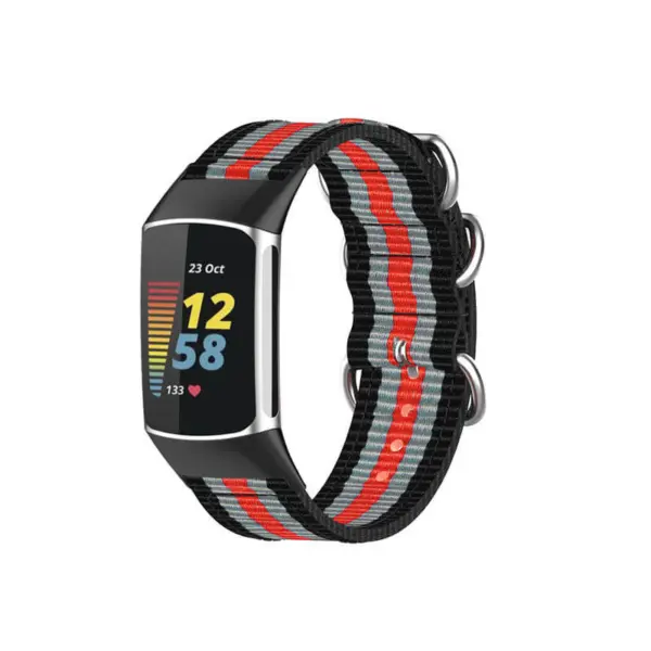Military Strap for Fitbit Charge 6 made of durable nylon, featuring a stylish design with red and gray stripes, perfect for active lifestyles and fitness tracking