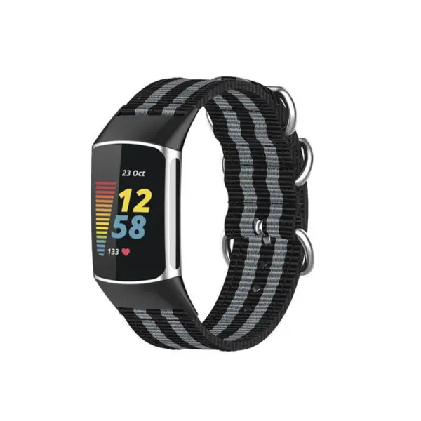 Military Strap for Fitbit Charge 6 made of durable nylon, featuring a stylish black and gray striped design. Perfect for active lifestyles and enhancing your fitness tracker