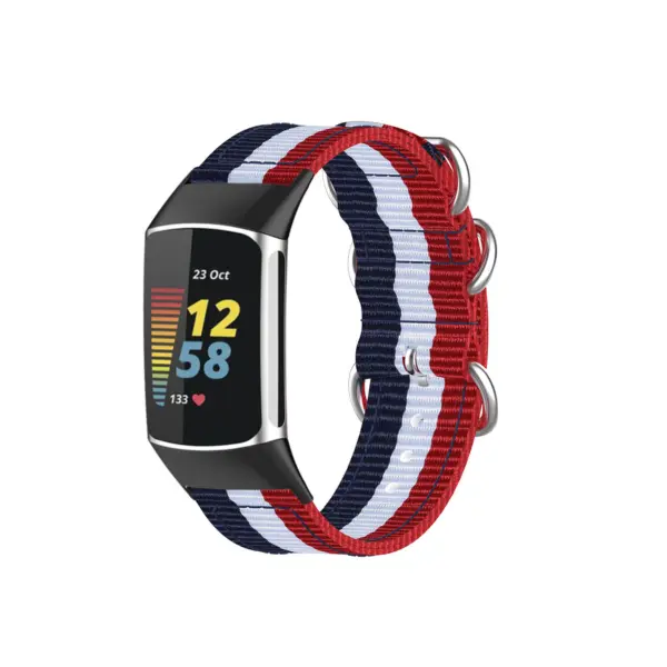 Military Strap for Fitbit Charge 6 made of durable nylon, featuring a stylish red, white, and blue design. Perfect for adding a sporty touch to your fitness tracker