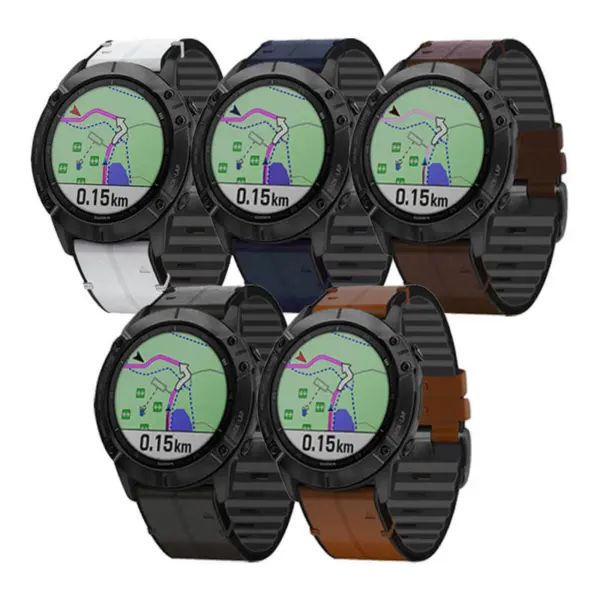 A collection of five Garmin Instinct watches featuring the Leather Hybrid Strap, showcasing a blend of style and functionality in various colors