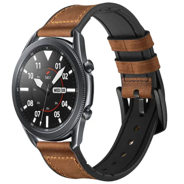 Leather Hybrid Band for Samsung Watch 6 features a stylish combination of brown leather and durable silicone, offering comfort and elegance for everyday wear