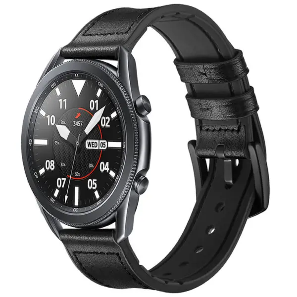 Stylish leather hybrid band designed for the Samsung Watch 6, featuring a sleek black finish and comfortable fit, perfect for both casual and formal occasions