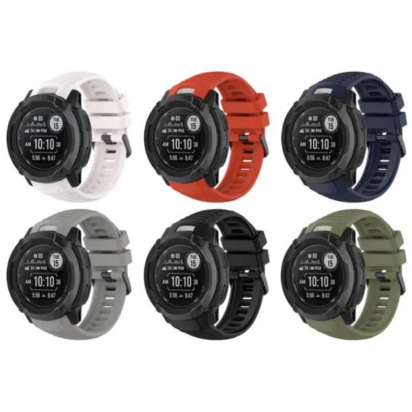 A collection of six fitted active bands for the Garmin Instinct 2X smartwatch, showcasing various colors: white, black, red, navy, gray, and olive green