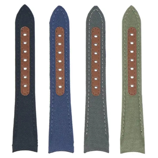 DASSARI fitted nylon band for Rolex in four stylish colors: navy, dark green, grey, and olive. Each band features leather accents and is designed for a 20mm watch size