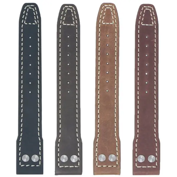A collection of four leather watch straps from the Dynasty Vintage Aviator by DASSARI, available in black, dark brown, light brown, and burgundy, in sizes 20mm, 21mm, and 22mm