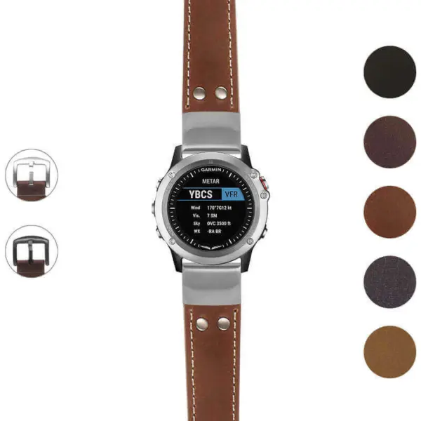 Elevate your style with the DASSARI Vintage Leather Pilot Watch Band. Designed for Garmin D2 Bravo, this strap features rivets and comes in multiple colors for a classic look