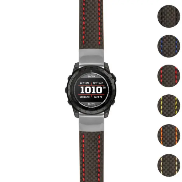 Heavy Duty Carbon Fiber Strap for Garmin Tactix 7 features a durable design with striking red stitching, perfect for outdoor enthusiasts and stylish wearers alike