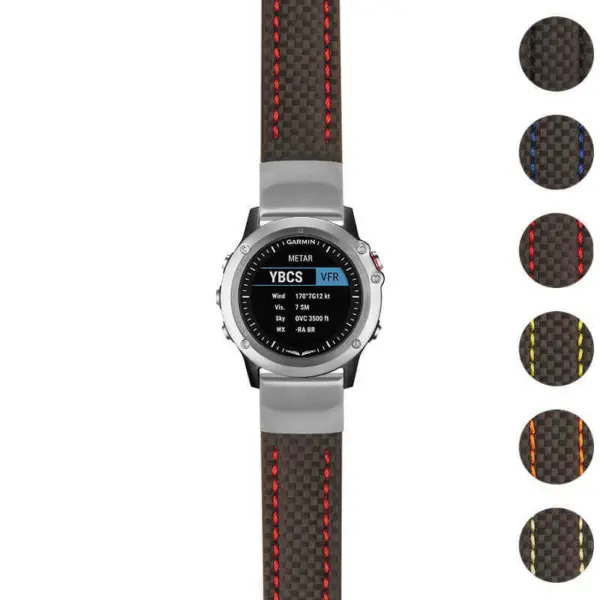 Heavy Duty Carbon Fiber Strap for Garmin D2 Bravo. Durable, stylish watch band with vibrant accents. Perfect for outdoor enthusiasts and everyday wear. Upgrade your watch today!