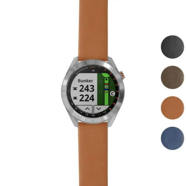Thick Leather Strap for Garmin Approach S40, featuring a stylish brown design. Upgrade your watch with this durable and comfortable strap available in multiple colors. Perfect for golf enthusiasts!