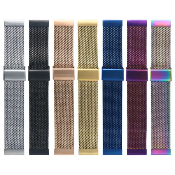 A variety of stylish mesh watch bands in different colors, including silver, black, gold, and purple, showcasing sleek designs perfect for any wrist