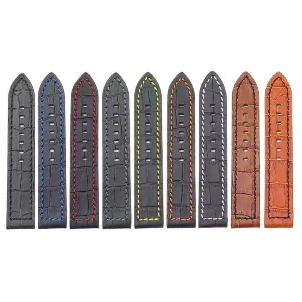 A selection of stylish watch bands in various colors, featuring a textured design and contrasting stitching. Perfect for customizing your timepiece with a touch of elegance