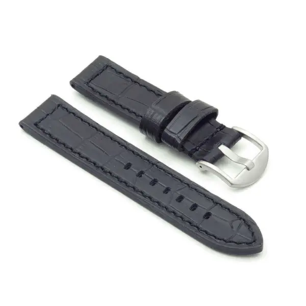 A black leather watch strap with a silver buckle, featuring a textured design and multiple adjustment holes for a secure fit