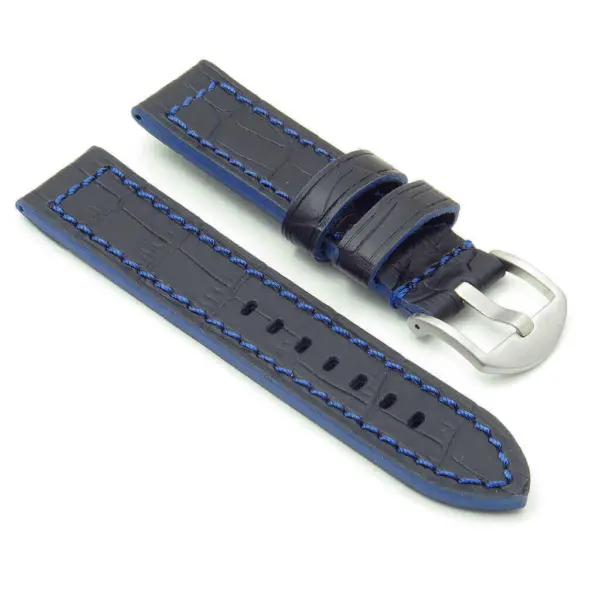 Stylish black leather watch strap featuring blue stitching and a silver buckle. Perfect for adding a touch of elegance to any timepiece. Ideal for both casual and formal wear