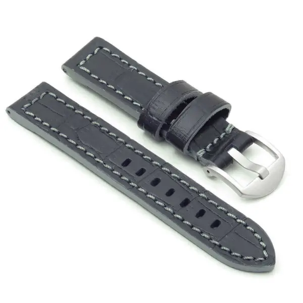 Elegant black leather watch strap featuring contrasting white stitching and a polished silver buckle, perfect for adding a stylish touch to any timepiece
