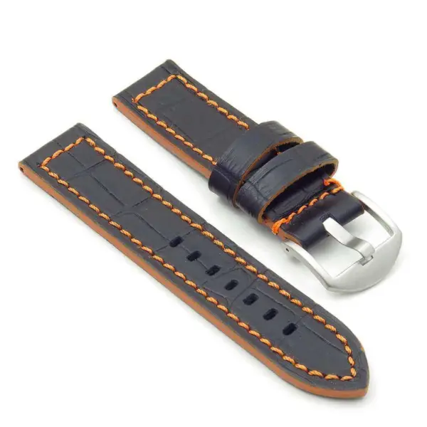 Stylish black leather watch strap with orange stitching, featuring a silver buckle. Perfect for adding a touch of elegance to any timepiece