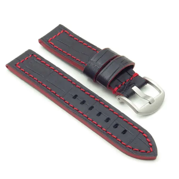 Stylish black leather watch strap with red stitching and a polished silver buckle, perfect for adding a touch of elegance to any timepiece