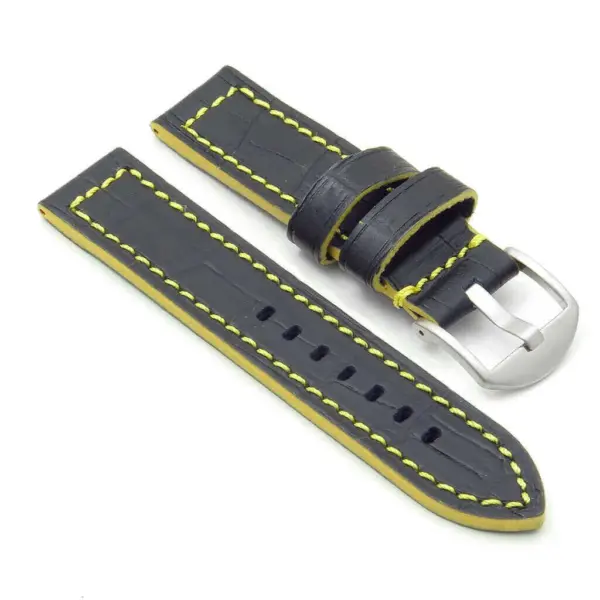 A black leather watch strap with yellow stitching, featuring a silver buckle and two adjustable loops, laid flat on a white background