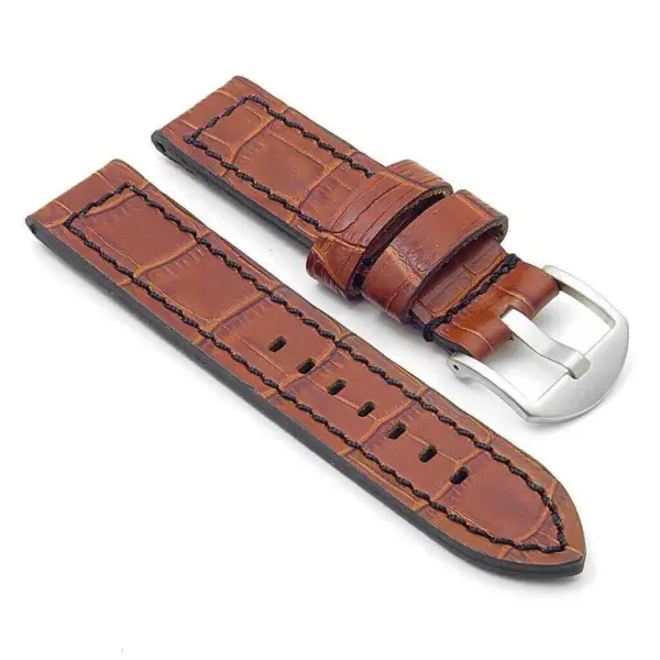 A brown leather watch strap with a textured finish, featuring a silver buckle and multiple adjustment holes for a secure fit