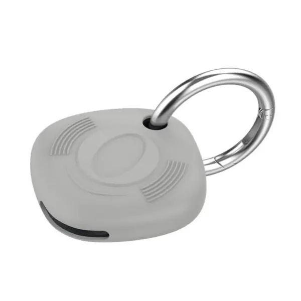 Keychain designed for the Samsung Galaxy Smart Tag, featuring a sleek gray design and a sturdy metal ring for easy attachment to bags or keys. Perfect for tracking your belongings