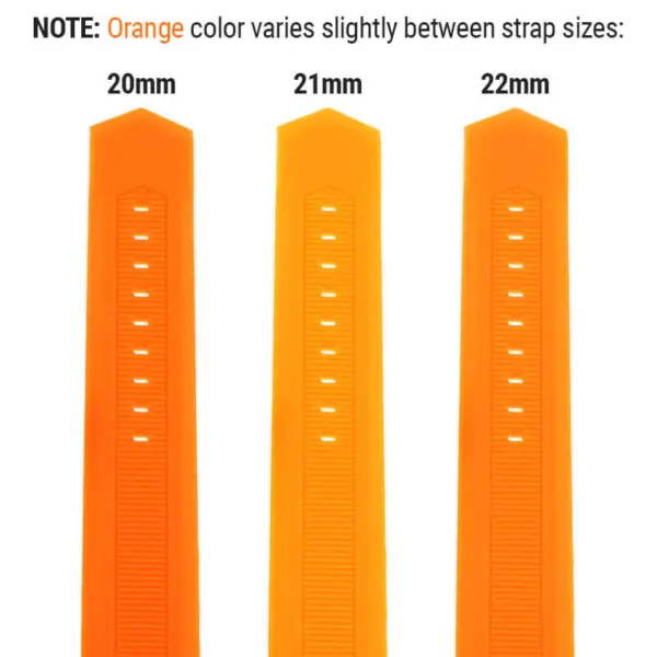 Bright orange Rubber Speed Straps for MoonSwatch, available in three sizes: 20mm, 21mm, and 22mm. Each strap features varying shades of orange for a unique look