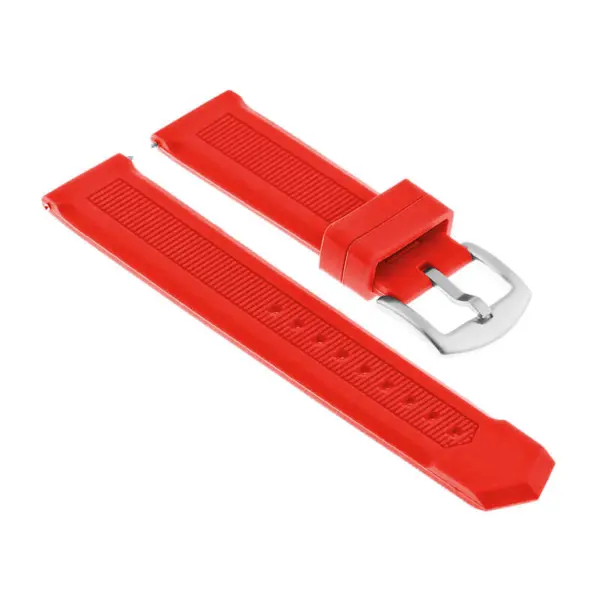Bright red rubber speed strap designed for MoonSwatch, featuring a textured surface and a silver buckle for secure wear. Ideal for adding a sporty touch to your watch