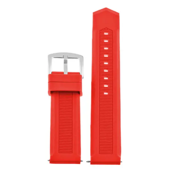Bright red rubber speed strap designed for MoonSwatch watches, featuring a textured surface and a silver buckle for a secure fit. Ideal for sporty and casual styles