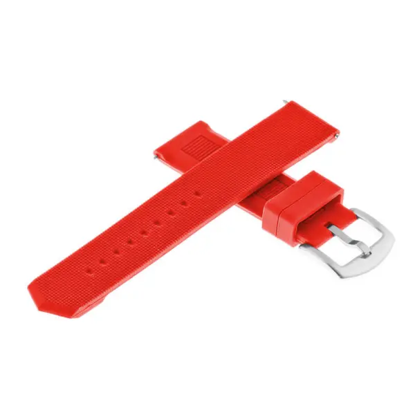 Bright red rubber speed strap designed for MoonSwatch, featuring a sleek buckle and multiple adjustment holes for a secure fit. Ideal for enhancing style and comfort