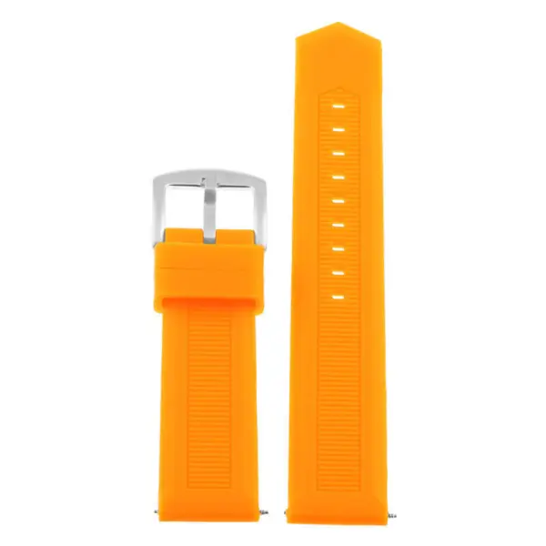 Bright orange rubber speed strap designed for MoonSwatch watches, featuring a silver buckle and multiple adjustment holes for a comfortable fit