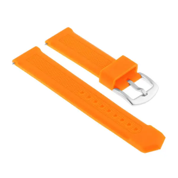 Bright orange rubber speed strap designed for MoonSwatch watches, featuring a textured surface and a silver buckle for secure and stylish wear. Perfect for enhancing your timepiece