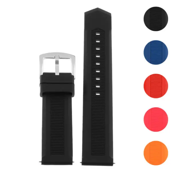 Rubber Speed Strap for MoonSwatch in black, featuring a textured design and a silver buckle. Available in multiple colors including blue, red, and orange